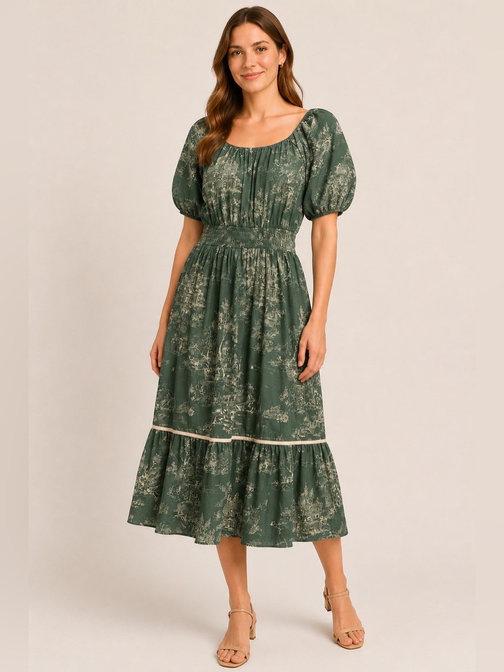 Umgee Small Sage Green Toile Print Midi Dress Puff Sleeve Smocked Cottagecore